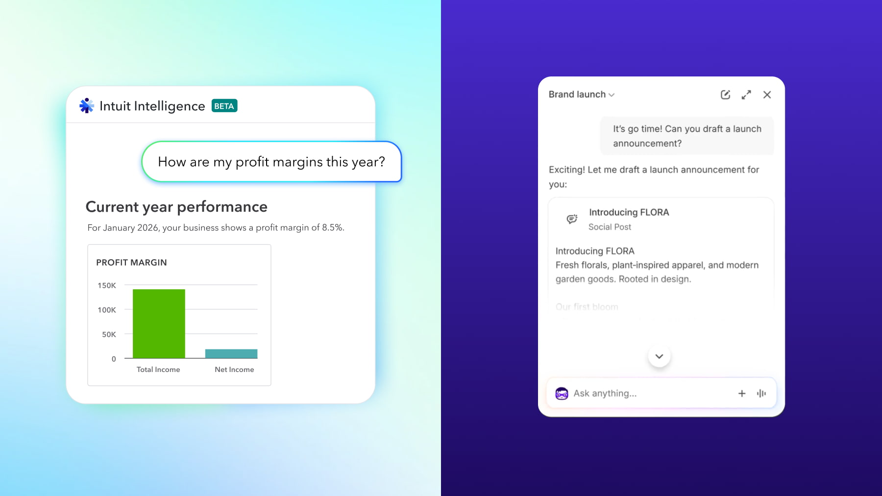 Intuit Intelligence answering a profit margin question next to Shopify Sidekick drafting a launch announcement